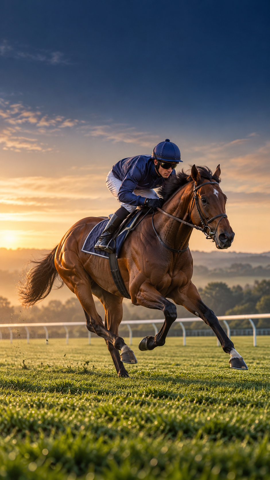 Illustrative racing image of a bay Thoroughbred and jockey galloping on turf